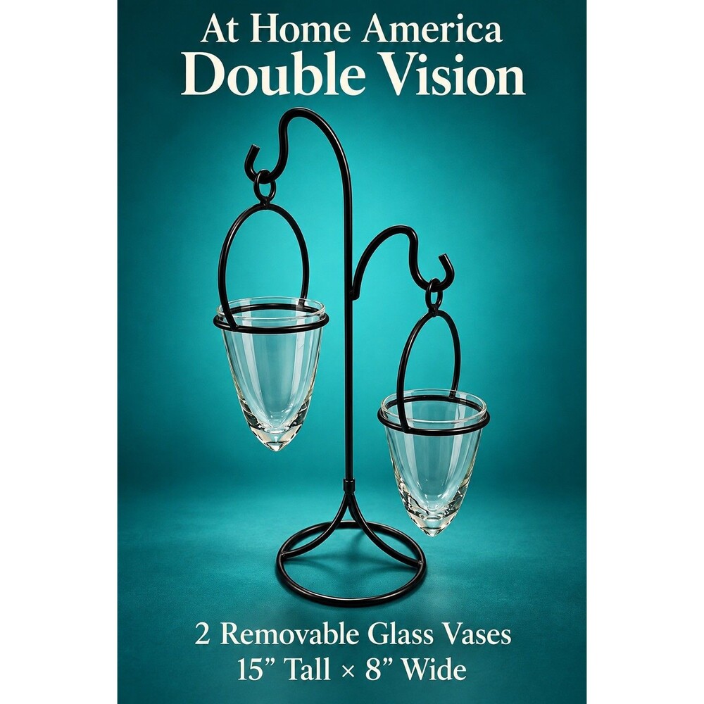 At Home America Double Vision Hanging Glass Vases Black Metal Stand 15”